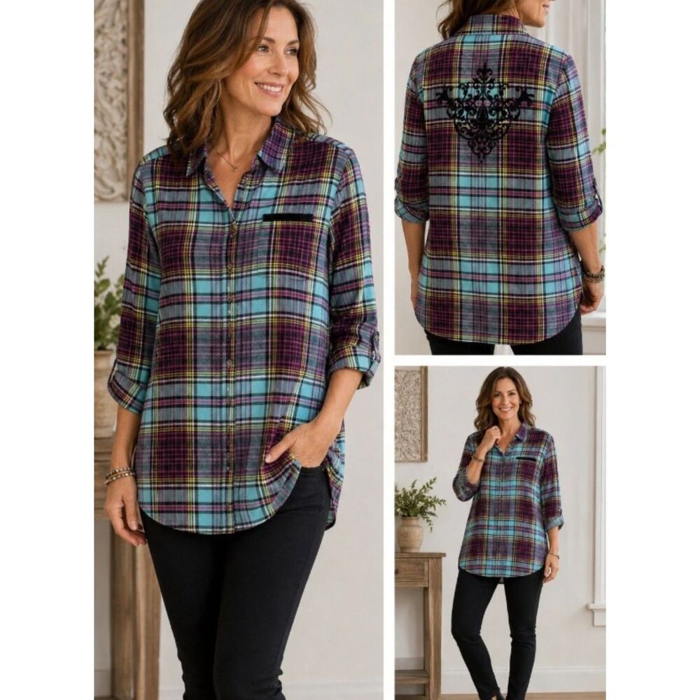 SOFT SURROUNDINGS Colorful Plaid Sz XS Soft Flannel Long Sleeve Button Up Shirt
